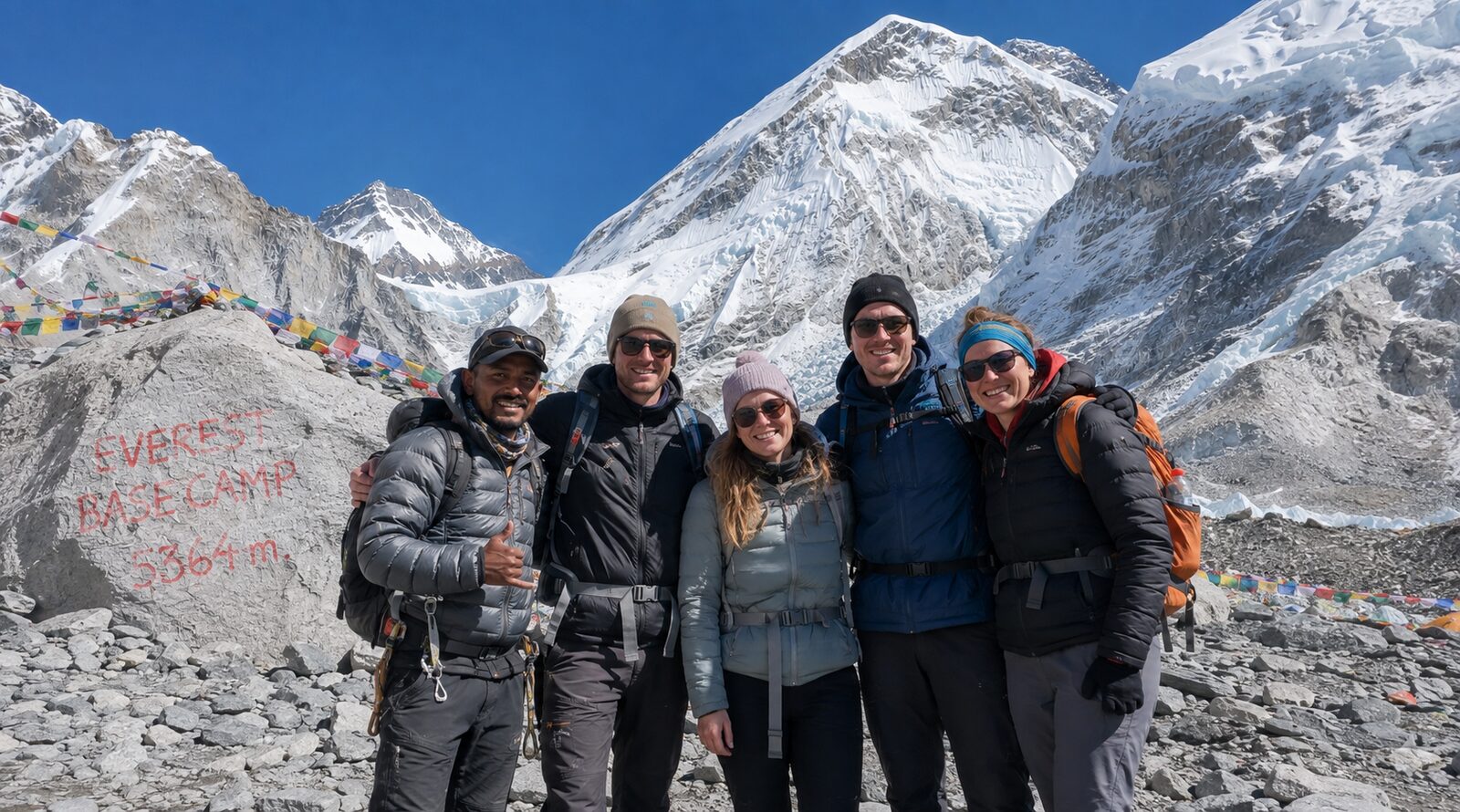 Five trekkers and their guide at the Everest Base Camp marker stone, 5,364 m, with prayer flags and the Khumbu icefall behind